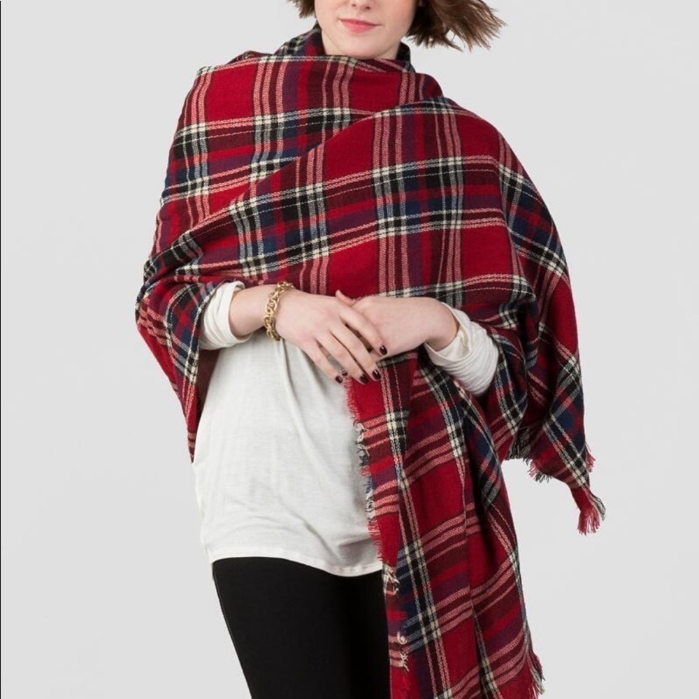 Blanket Scarf in Red, Black, & White Plaid Layering Comfort Classic Beach Winter